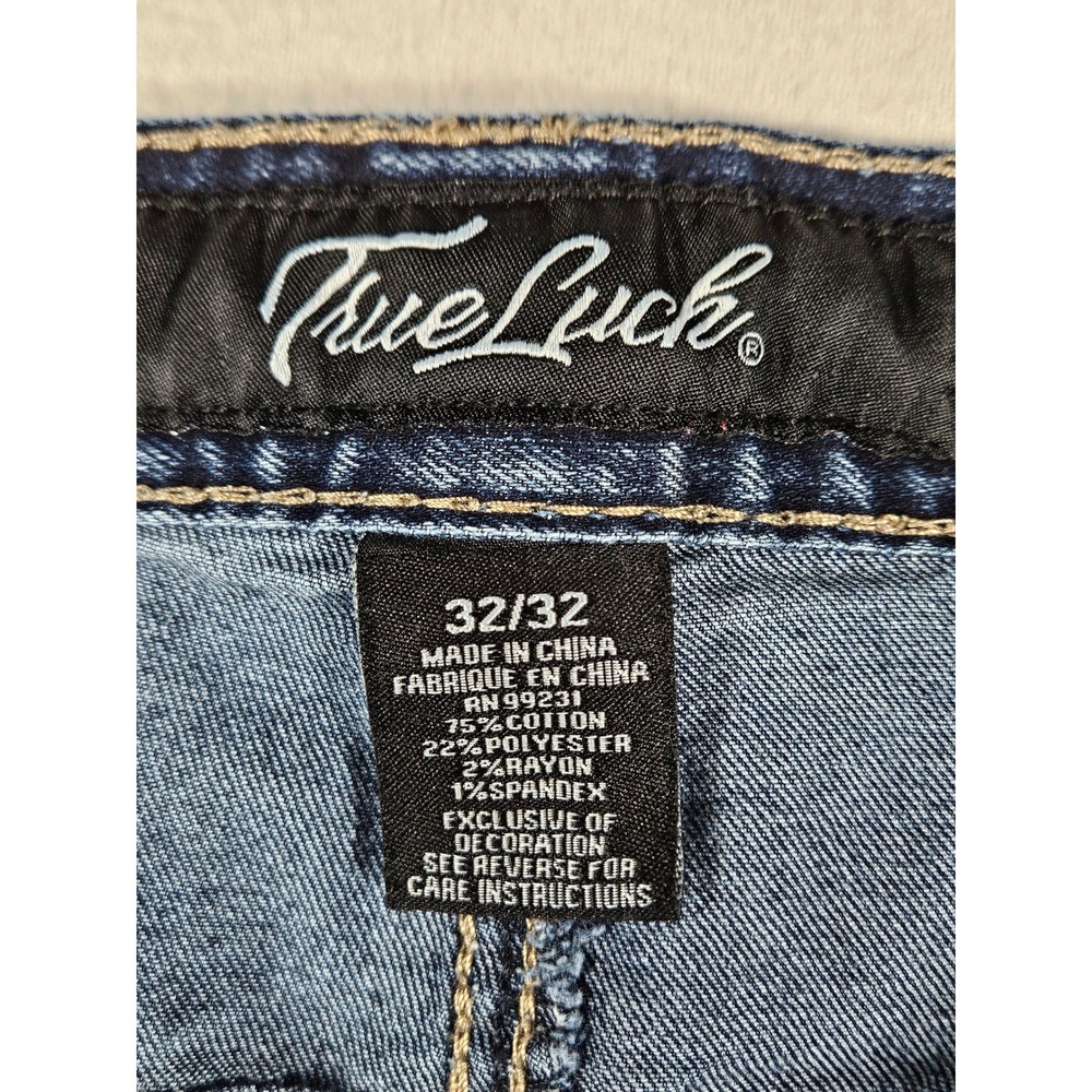 True Luck Mens Straight Leg Jeans 32x32 Blue Dark Wash Embroidered Pockets - Picture 5 of 9
